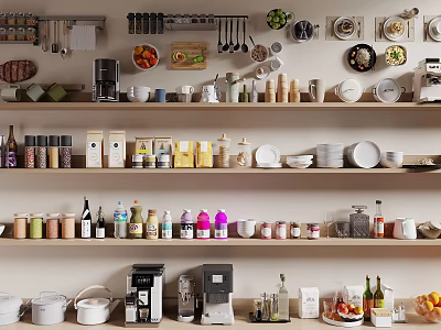 Well Organized Kitchen Storage Shelves With Various Utensils And Appliances 3d model