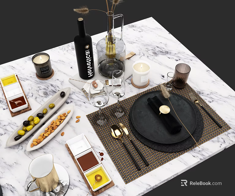 Elegant Dinnerware Set on Marble Tabletop with Black Plates Golden Cutlery Glassware and Accessories 3d model 