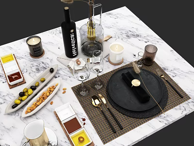 Elegant Dinnerware Set on Marble Tabletop with Black Plates Golden Cutlery Glassware and Accessories 3d model