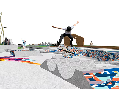 Vibrant Skate Park With Skateboarder Performing Tricks On Colorful Ramps And Ground 3d model