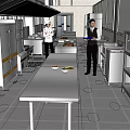 Professional Restaurant Kitchen With Chef Waiter Stainless Steel Cabinets And Food Dishes