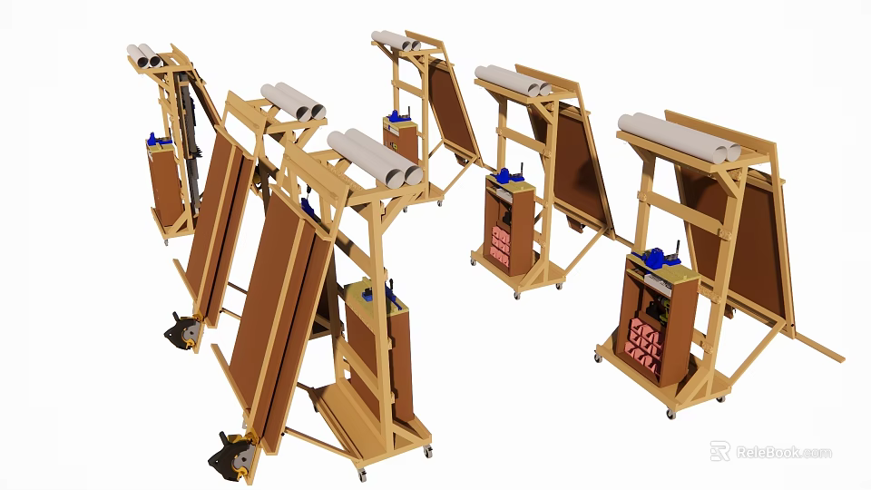 Wooden Portable Art Easels With Scrolls Blue Components And Wheels Design 3d model 