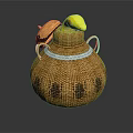 Yellow Bird Peeking Out From Brown Woven Basket With Lid And Patterns