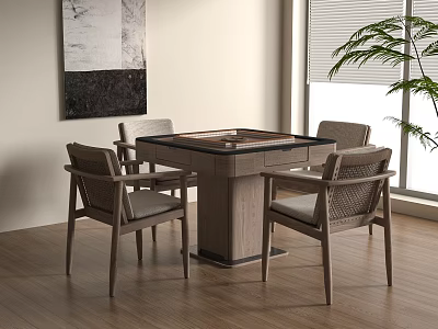 Wooden Entertainment Table With Four Chairs In Modern Room With Window And Green Plant 3d model