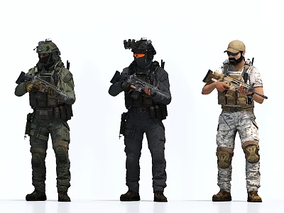Game and Movie Characters in Tactical Gear with Weapons and Different Uniforms 3d model