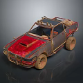 Vintage Off Road Car With Red Rusty Hood And Roof Luggage