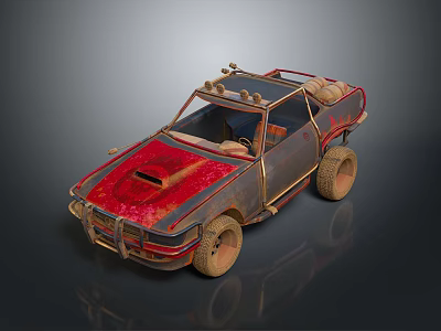 Vintage Off Road Car With Red Rusty Hood And Roof Luggage 3d model