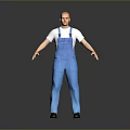 Bald Headed Man in White T shirt and Blue Overalls Standing in Gray Background