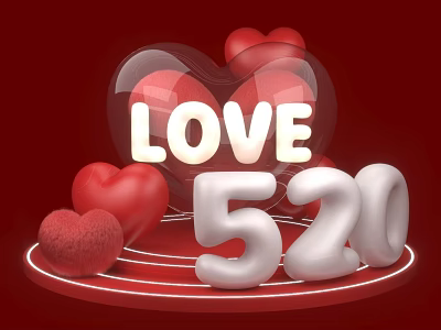 Romantic Heart Shaped Inflatable Decorations With LOVE Letters 520 Numbers On Red Background 3d model