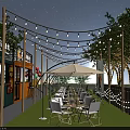 Container Building Outdoor Cafe Dining Area With Seating Tan Umbrella String Lights And Trees 3d model