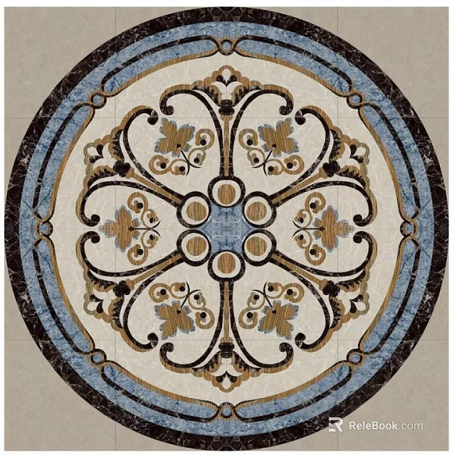 Elegant Decorative Floor With Circular Patterned Design Blue Gold Accents And Intricate Central Ornament 3d model 
