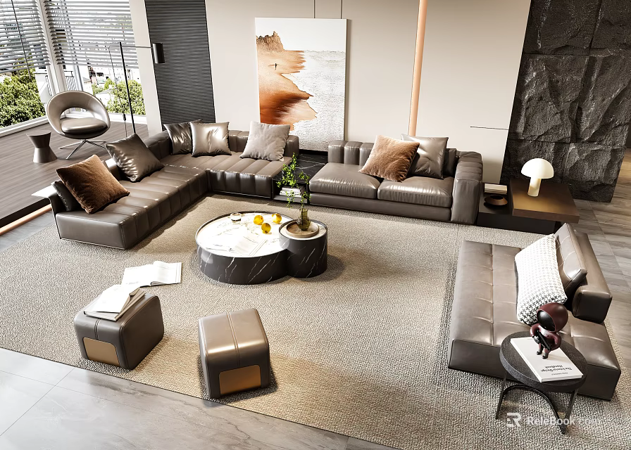 Luxury Brown Leather Sofa And Round Marble Coffee Table Set With Ottoman Decorative Pillows And Green Plant 3d model 