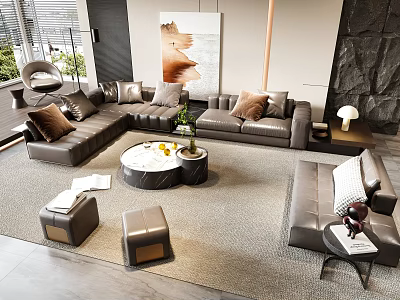 Luxury Brown Leather Sofa And Round Marble Coffee Table Set With Ottoman Decorative Pillows And Green Plant 3d model