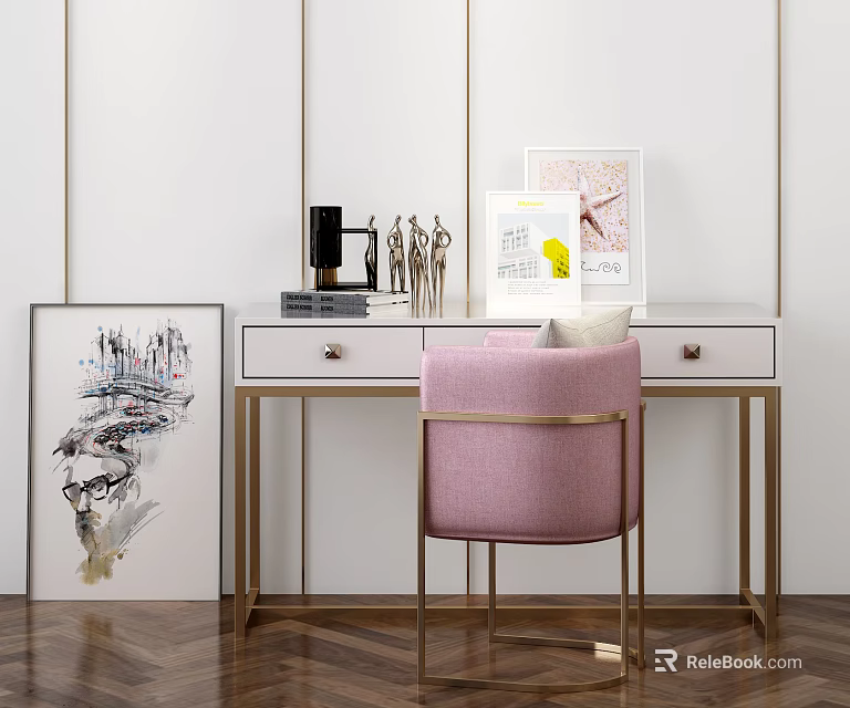 Modern White Desk with Gold Legs Pink Chair Decorative Sculptures Books and Yellow Notepad 3d model 