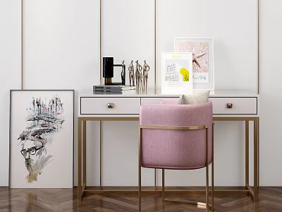 Modern White Desk with Gold Legs Pink Chair Decorative Sculptures Books and Yellow Notepad 3d model