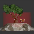 Cartoon Scene With Turquoise Tree Motorcycle On Rocky Platform And Red Fragments