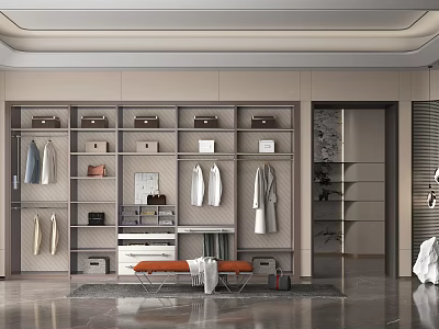 Modern Walk in Closet Interior Design With Hanging Clothes Storage Shelves And Bench 3d model