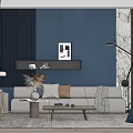 Modern Living Room Beige Sofa And Wooden Coffee Table With Dark Blue Wall Marble Texture
