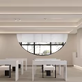 Modern White Reception Desk Interior With Arched Doorway Sofa Bookshelf And Natural Light