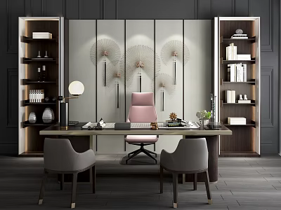 Modern Office Desk with Pink Chair Gray Chairs and Decorative Bookshelves 3d model