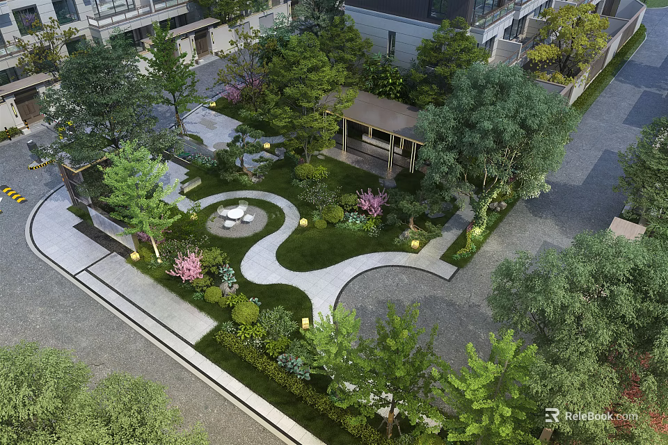 Garden Landscape Design With Winding Path Green Lawn Pavilion Lush Trees And Flower Beds 3d model 
