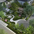 Garden Landscape Design With Winding Path Green Lawn Pavilion Lush Trees And Flower Beds