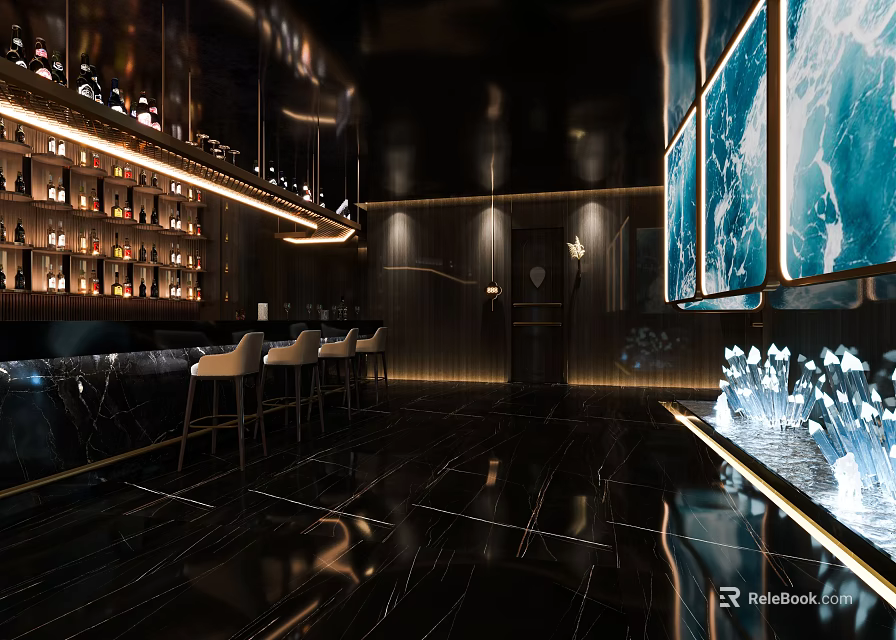 Modern Luxury Club Interior With Bar Counter Wine Racks Seats Lighting Screens And Water Feature 3d model 