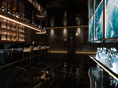 Modern Luxury Club Interior With Bar Counter Wine Racks Seats Lighting Screens And Water Feature 3d model