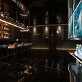 Modern Luxury Club Interior With Bar Counter Wine Racks Seats Lighting Screens And Water Feature