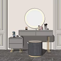 Light Grey Dressing Table With Round Illuminated Mirror Small Side Cabinet And Grey Round Stool 3d model