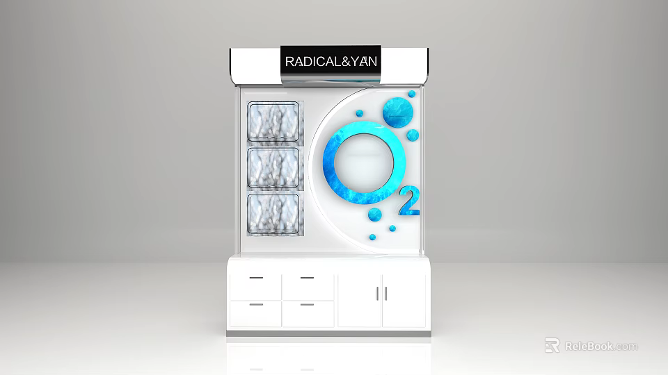 RADICALVAN Display Shelf with Transparent Compartments Blue Circular Design O2 Logo and Bottom Drawers 3d model 