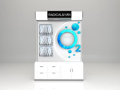 RADICALVAN Display Shelf with Transparent Compartments Blue Circular Design O2 Logo and Bottom Drawers 3d model