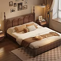 Classic Wooden Double Bed With Decorative Headboard Pillows Blankets Nightstands And Framed Pictures On Wall
