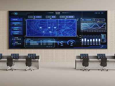 High Tech Conference Room With Large Digital Screen Data Charts And Control Desks 3d model
