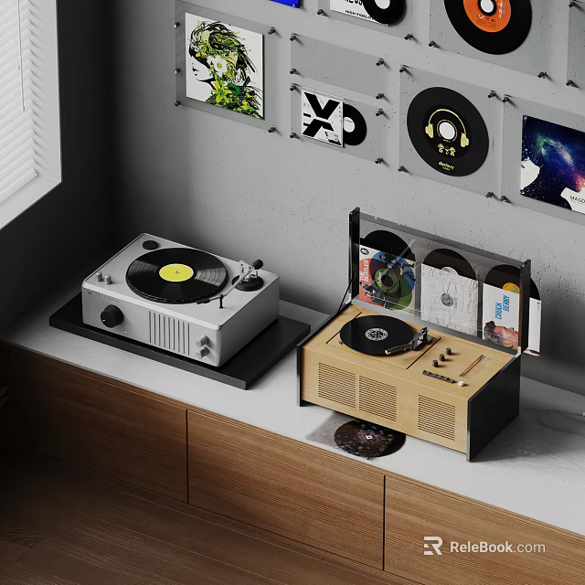 Stylish Vinyl Record Player Audio System With Displayed Records And Wall Decor On Wooden Cabinet 3d model 