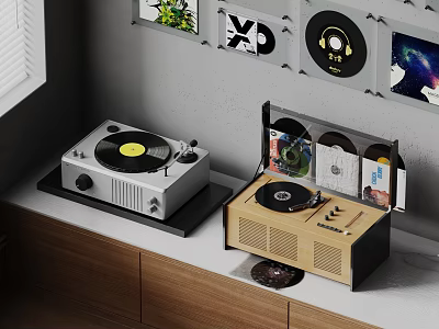 Stylish Vinyl Record Player Audio System With Displayed Records And Wall Decor On Wooden Cabinet 3d model