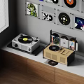 Stylish Vinyl Record Player Audio System With Displayed Records And Wall Decor On Wooden Cabinet