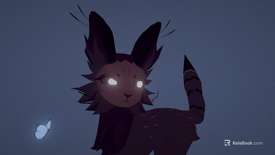 Mystical Feline Like Creature With Glowing Eyes And Butterfly In Dark Background 3d model 