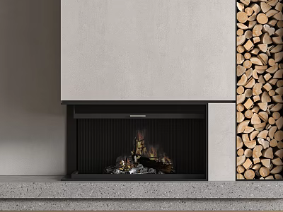 Modern Concrete Fireplace Interior With Black Metal Frame And Stacked Firewood 3d model