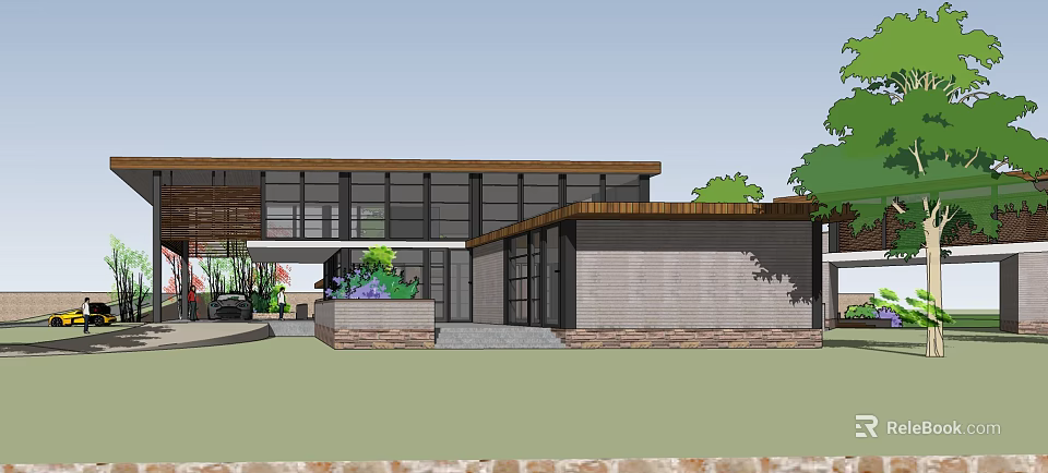 Modern Building Exterior With Glass Windows Flat Roof Stone Walls And Landscaping Elements 3d model 