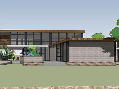 Modern Building Exterior With Glass Windows Flat Roof Stone Walls And Landscaping Elements 3d model