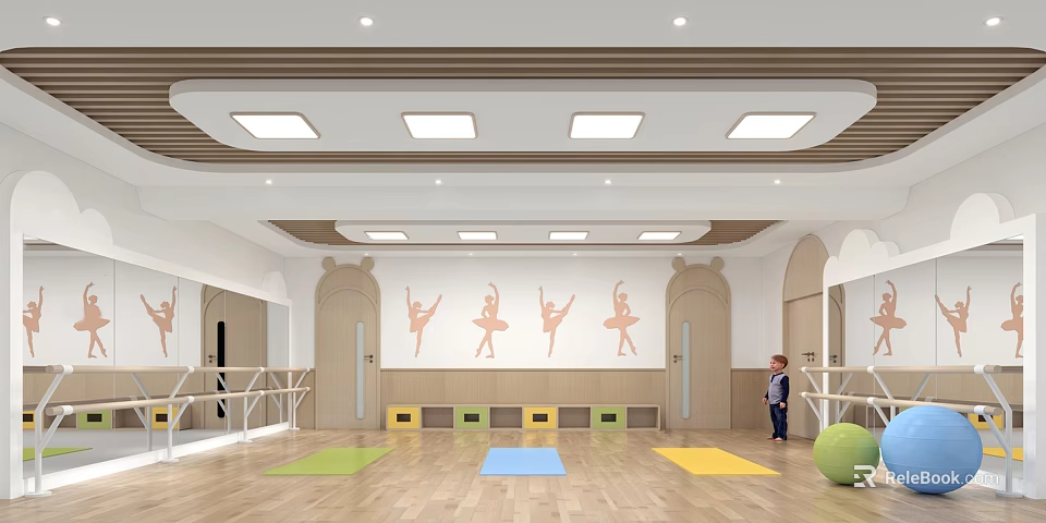 Dance Studio Fitness Space With Barres Colorful Yoga Mats Large Ball Child And Silhouettes 3d model 