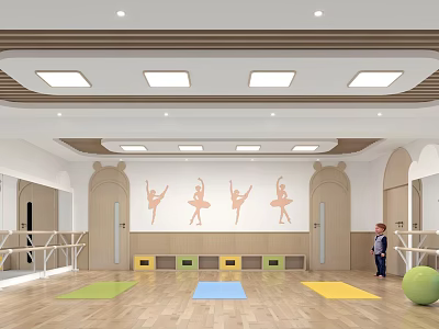 Dance Studio Fitness Space With Barres Colorful Yoga Mats Large Ball Child And Silhouettes 3d model