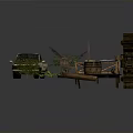 Rustic Scene Components Featuring Old Truck Water Wheel Small Boat Solar Panels Bench And Plants