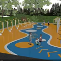 Outdoor Playground Equipment For Children On Colorful Surface With Trees And Greenery