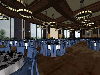 Elegant Banquet Hall Interior With Many Dining Tables Blue Chairs Large Windows And Chandeliers 3d model