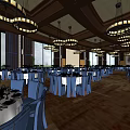 Elegant Banquet Hall Interior With Many Dining Tables Blue Chairs Large Windows And Chandeliers