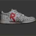 White Casual Sneakers With Red R Logo Hand Painted Patterns And Worn Sole
