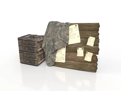 Wooden Storage Crate With Cloth And Notes On Wooden Board For Daily Use 3d model