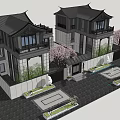 Chinese Style Detached Villa With Traditional Roof Cherry Blossom Trees Courtyard Water Feature Stone Pathway